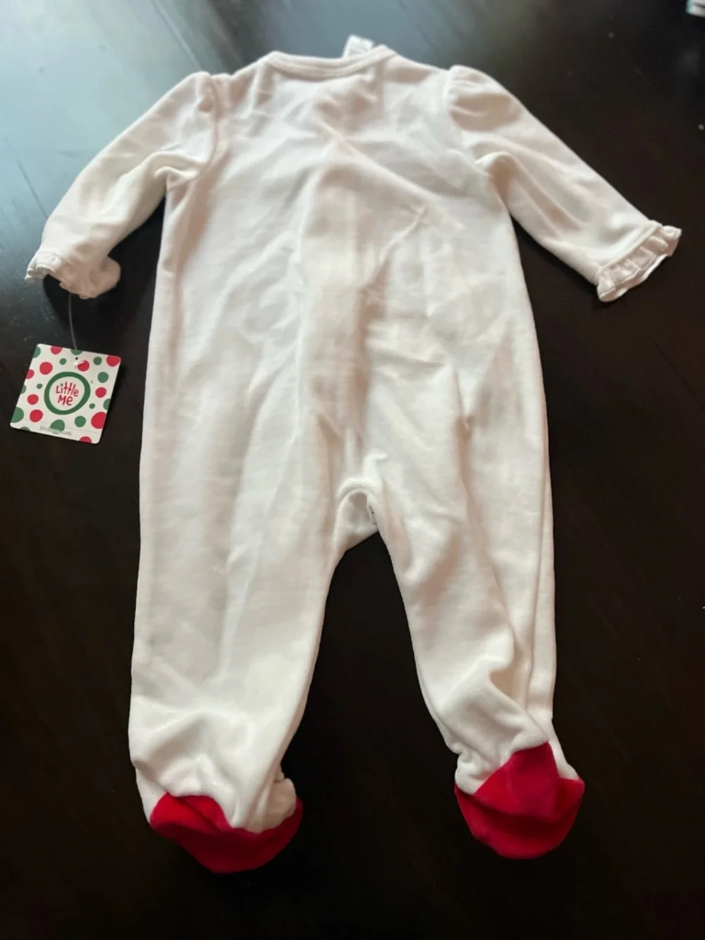 New - Little Me White & Red Holiday Velour Footed One-Piece